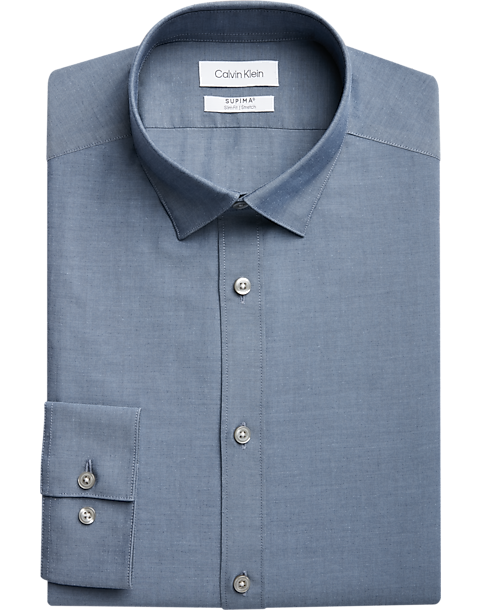 Calvin Klein Refined Cotton Stretch Supima Slim Fit Hidden Button-Down Collar Dress Shirt, Blue 3 Calvin Klein Refined Cotton Stretch Supima Slim Fit Hidden Button-Down Collar Dress Shirt, Blue