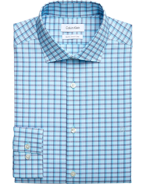 Calvin Klein Slim Fit Embroidered Logo Dress Shirt, Aqua Plaid 3 Calvin Klein Slim Fit Embroidered Logo Dress Shirt, Aqua Plaid