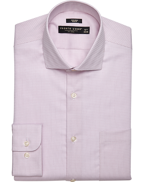 Pronto Uomo Slim Fit Spread Collar Dress Shirt, Pink Check 3 Pronto Uomo Slim Fit Spread Collar Dress Shirt, Pink Check