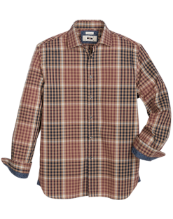 Joseph Abboud Modern Fit Spread Collar Sport Shirt, Navy And Tan Plaid