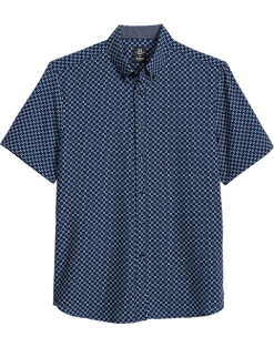 Michael Strahan Modern Fit 4-Way Stretch Short Sleeve Sport Shirt, Navy Square Check
