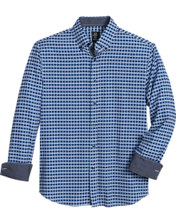 Michael Strahan Modern Fit Button-Down Collar Four-Way Stretch Sport Shirt, Medium Blue Geo Check