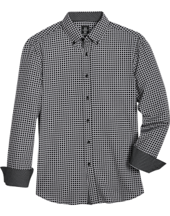 Michael Strahan Modern Fit Four-Way Stretch Sport Shirt, Black Grid
