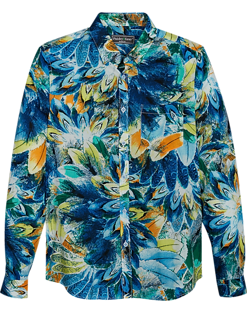 Paisley & Gray Slim Fit Button-Down Collar Sport Shirt, Blue And Yellow Feathers 3 Paisley & Gray Slim Fit Button-Down Collar Sport Shirt, Blue And Yellow Feathers