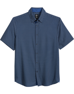 Michael Strahan Modern Fit 4-Way Stretch Short Sleeve Sport Shirt, Blue Geo Grid