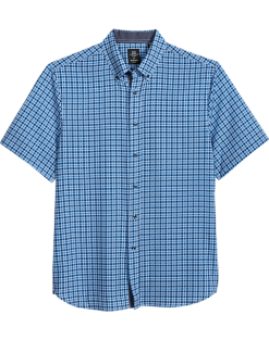 Michael Strahan Modern Fit 4-Way Stretch Short Sleeve Sport Shirt, Blue Grid