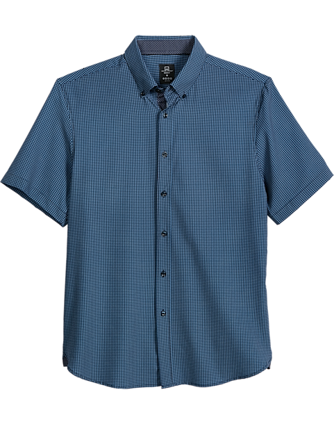Michael Strahan Modern Fit Short Sleeve Sport Shirt, Navy Check 3-D Check 3 Michael Strahan Modern Fit Short Sleeve Sport Shirt, Navy Check 3-D Check