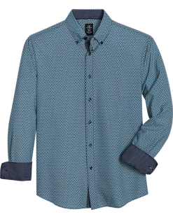 Michael Strahan Modern Fit Button-Down Collar 4-Way Stretch Sport Shirt, Green Triangles