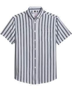 Report Collection Modern Fit Four-Way Stretch Short Sleeve Sport Shirt, Black & White Stripe