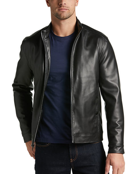 Michael Strahan Modern Fit Bomber Jacket, Black Faux Lambskin 3 Michael Strahan Modern Fit Bomber Jacket, Black Faux Lambskin